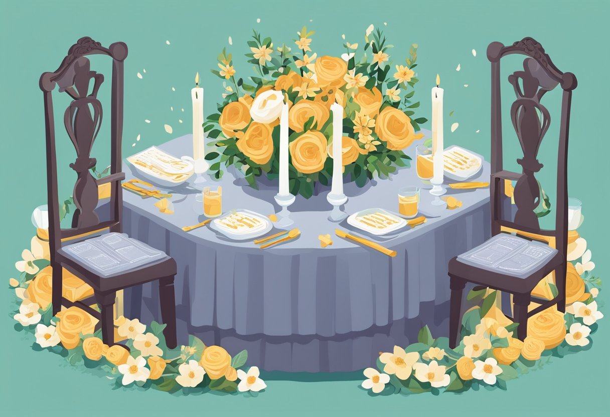 A table adorned with flowers and candles, surrounded by elegant chairs. A decorative sign reads "Quote List 51 - 75 wedding wishes quotes."