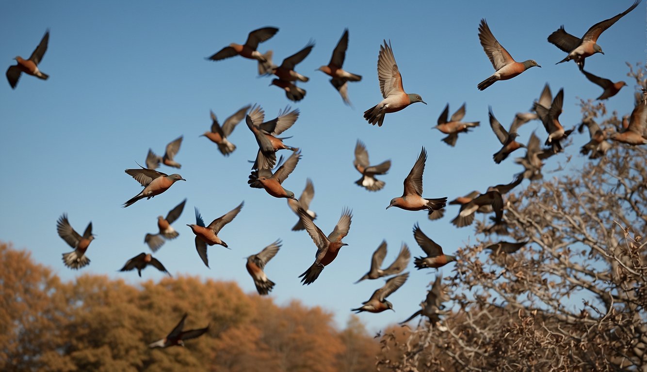 A flock of passenger pigeons fills the sky, their iridescent feathers glinting in the sunlight as they fly in synchronized patterns
