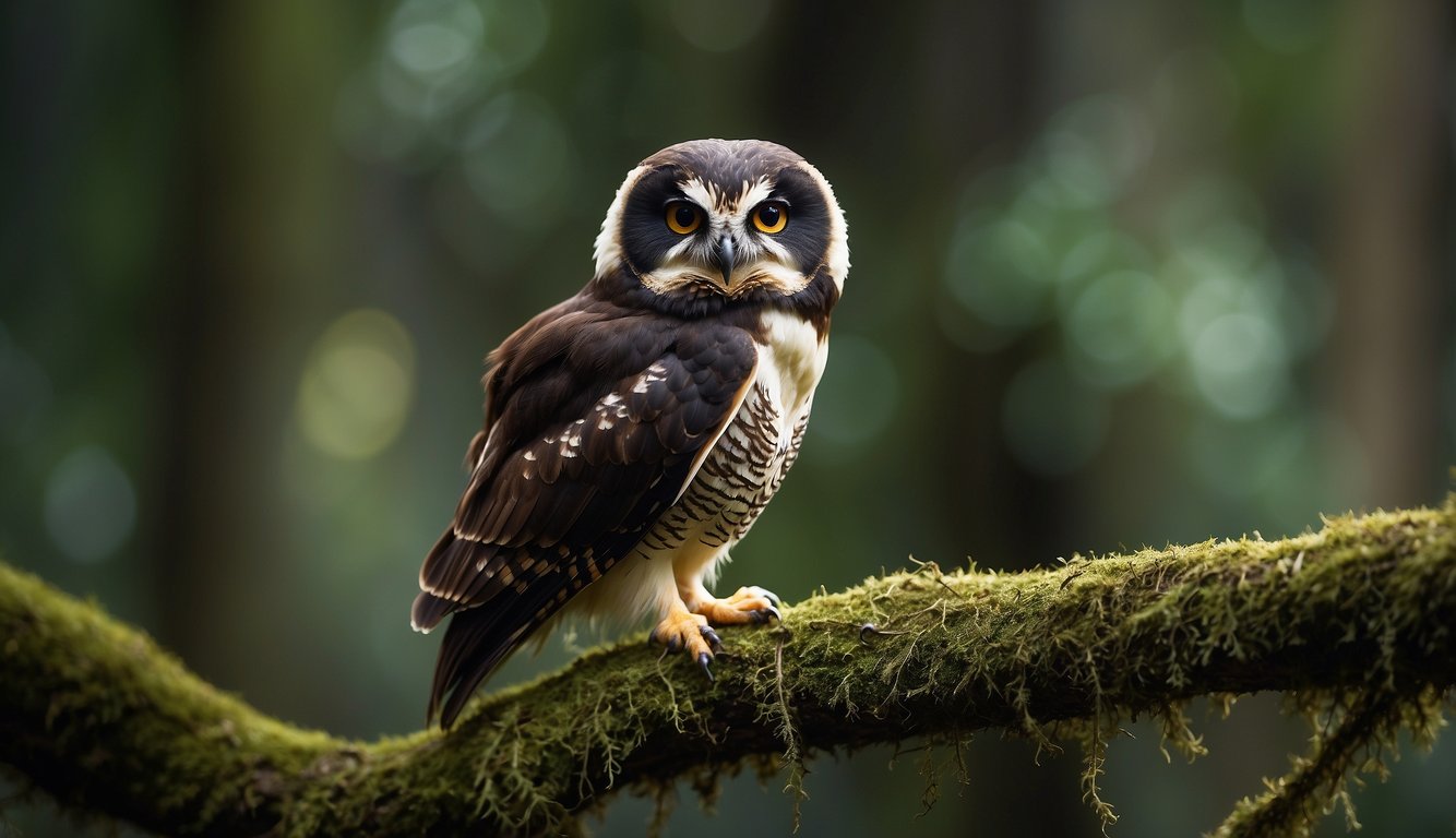 The Spectacled Owl perches on a moss-covered branch, its large yellow eyes scanning the dark tropical forest below.

Its feathers blend into the shadows as it waits for its prey