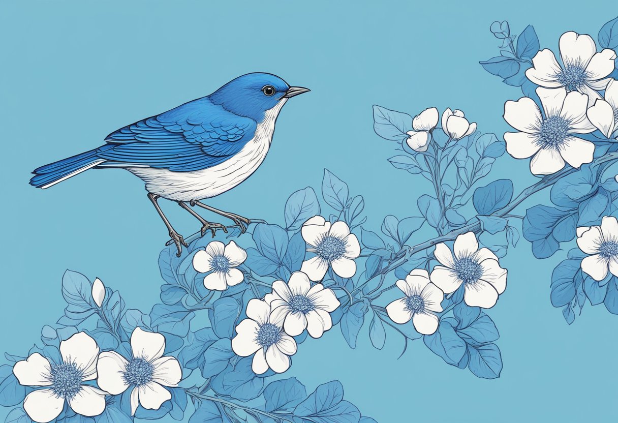 A blue bird perched on a branch, surrounded by delicate blue flowers and a clear blue sky in the background