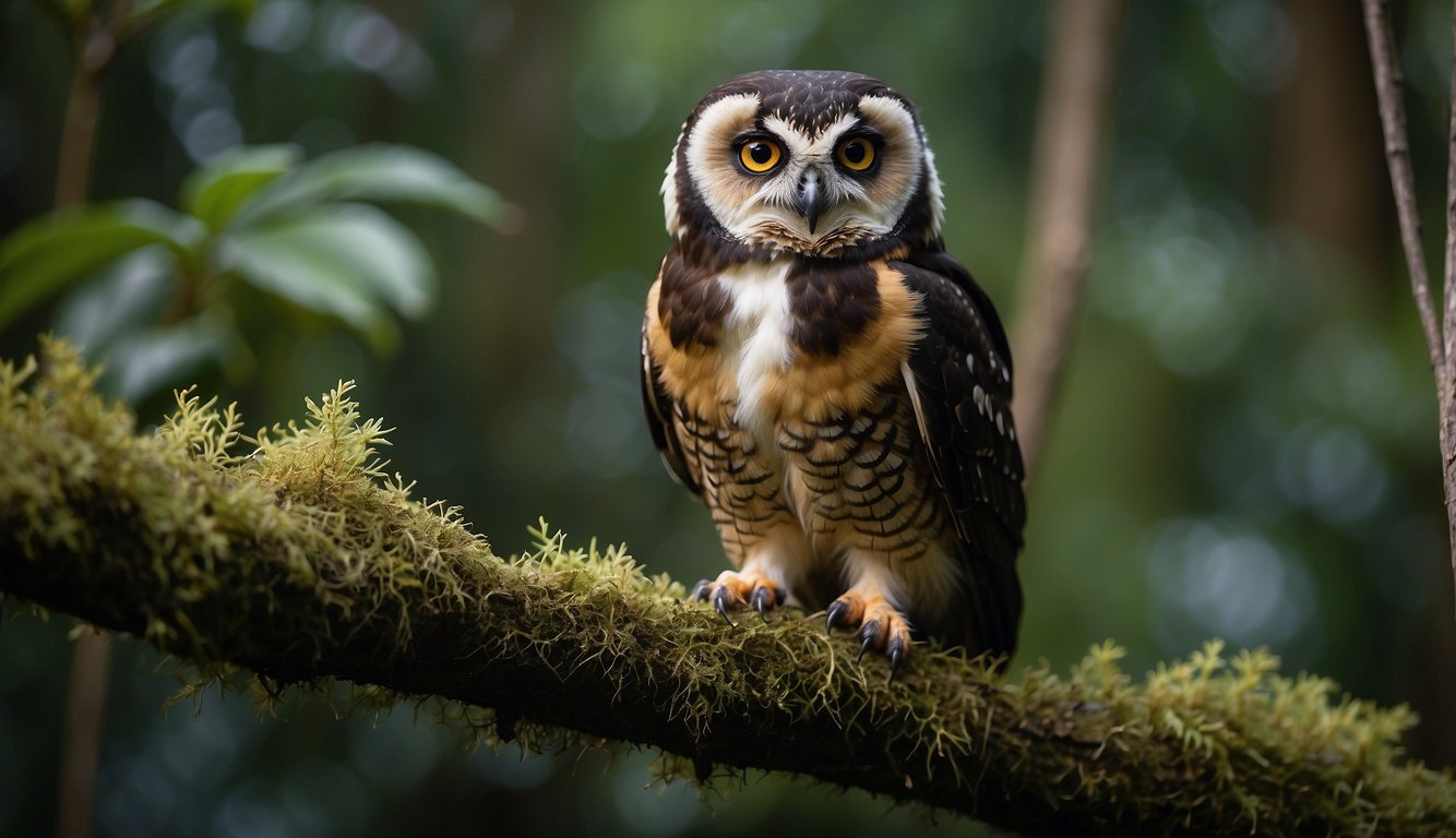 The Spectacled Owl perches on a moss-covered branch in the tropical forest, its large, round eyes scanning the darkness for prey.

The dense foliage and vibrant colors of the jungle create a rich and lively backdrop for the owl's nocturnal activities