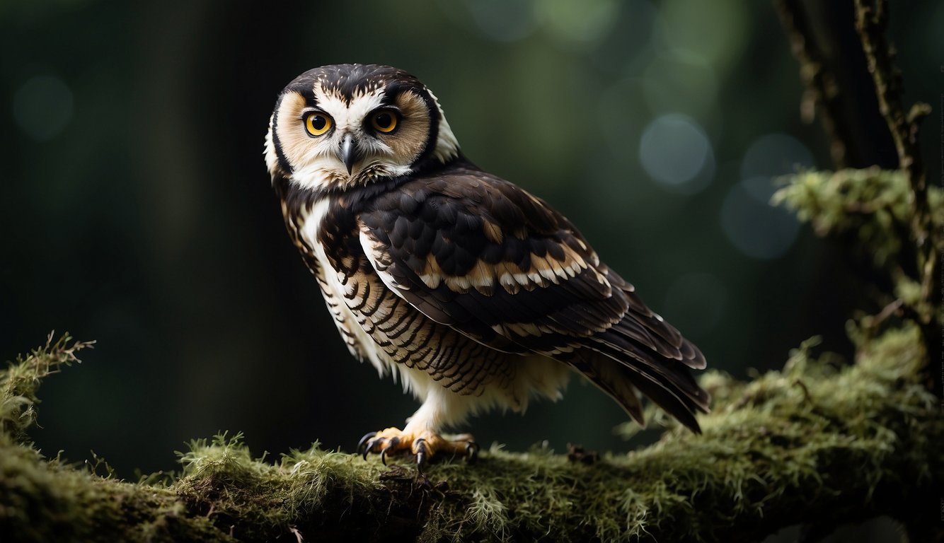 A spectacled owl perched on a moss-covered branch, surrounded by darkness.

Its piercing yellow eyes scan the forest floor, ready to strike at any unsuspecting prey