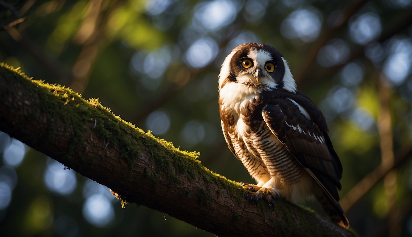 The spectacled owl perches on a branch, its large yellow eyes scanning the dark tropical forest.

Moonlight glints off its feathers as it prepares to hunt