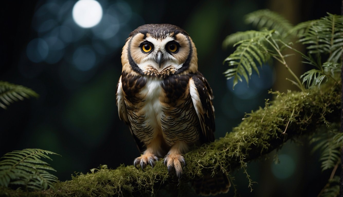 A spectacled owl perches on a moss-covered branch, its large, round eyes scanning the dark tropical forest below.

The moonlight filters through the dense foliage, casting a soft glow on the owl's feathers