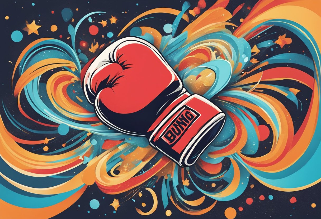 A boxing glove suspended in mid-air, surrounded by swirling energy and passion, representing the soul of boxing