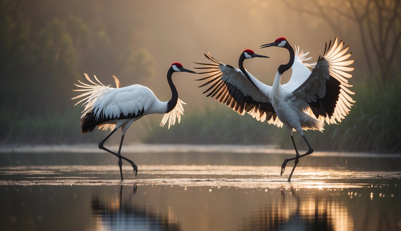 Two red-crowned cranes gracefully dance, their wings outstretched, in a serene, misty marsh