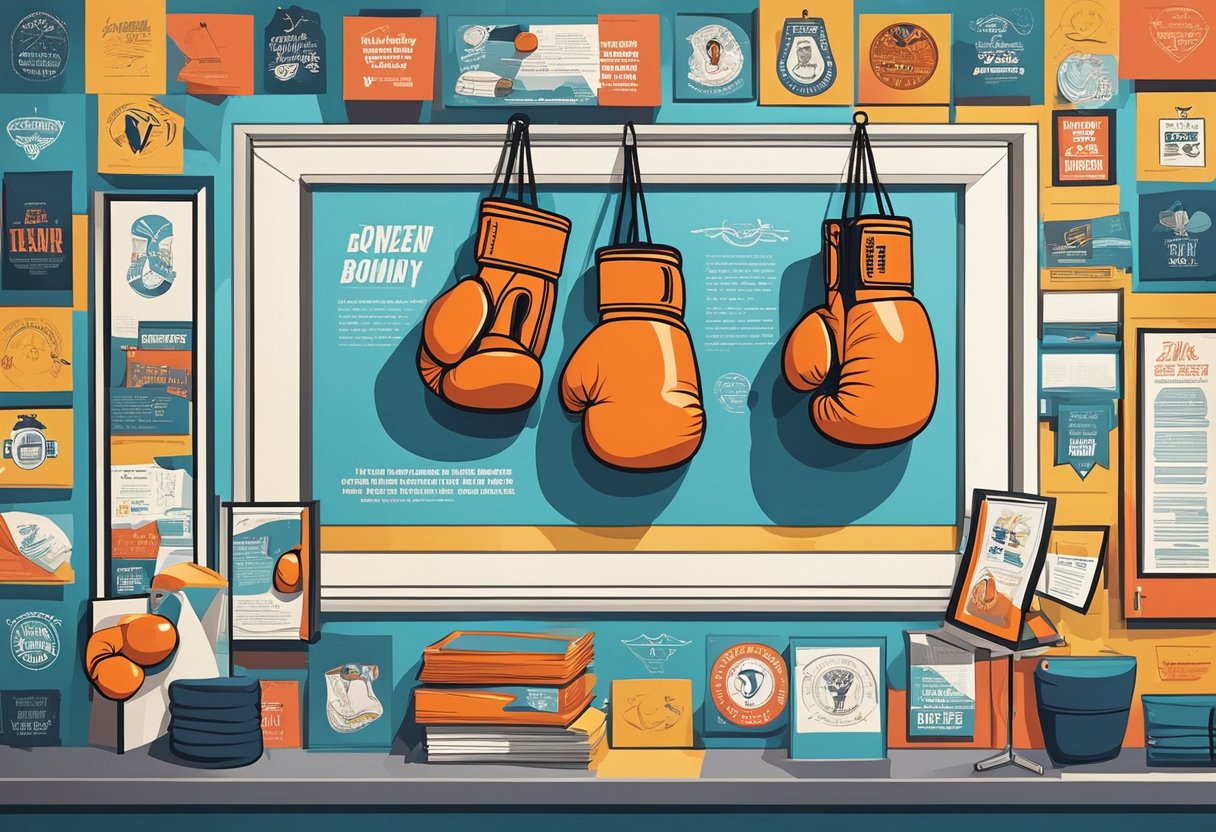 Boxing gloves hanging on a gym wall, surrounded by motivational quotes and posters of famous boxers