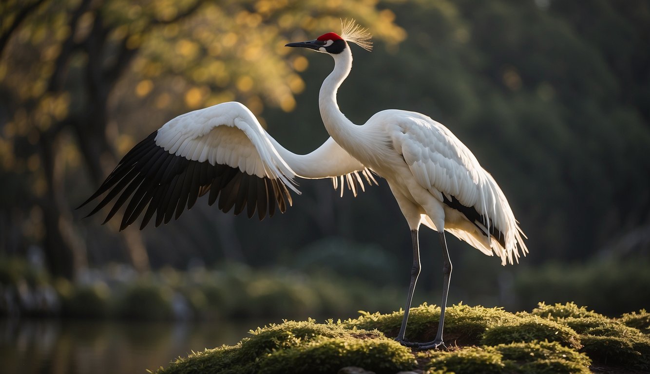 The red-crowned crane performs a graceful courtship dance, spreading its wings and bowing its head, displaying its elegance and beauty