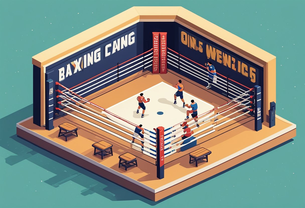 A boxing ring with ropes and corner stools, surrounded by cheering fans and motivational quotes on the walls