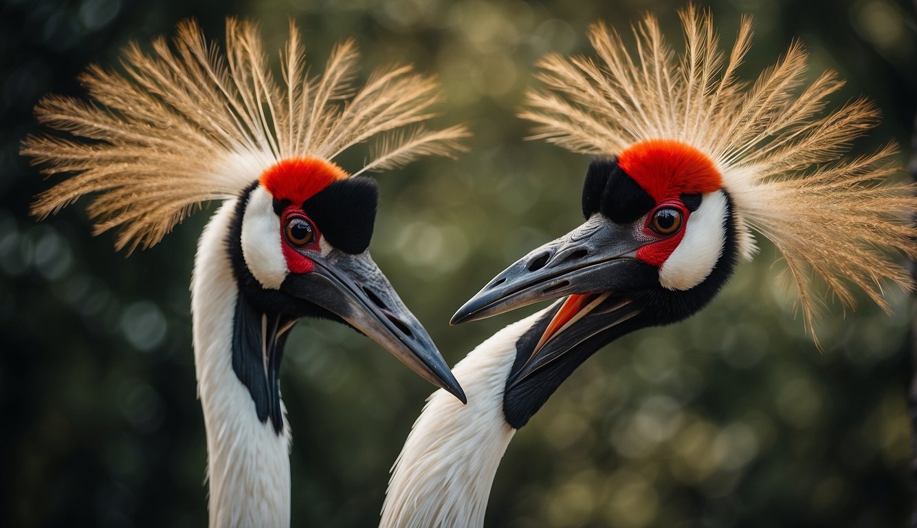 Two red-crowned cranes face each other, their long necks entwined in a graceful dance.

Their wings are outstretched, creating a stunning display of elegance and courtship