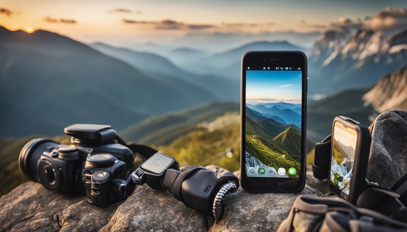 A smartphone with various climbing apps displayed on the screen, surrounded by climbing gear and a scenic mountain backdrop