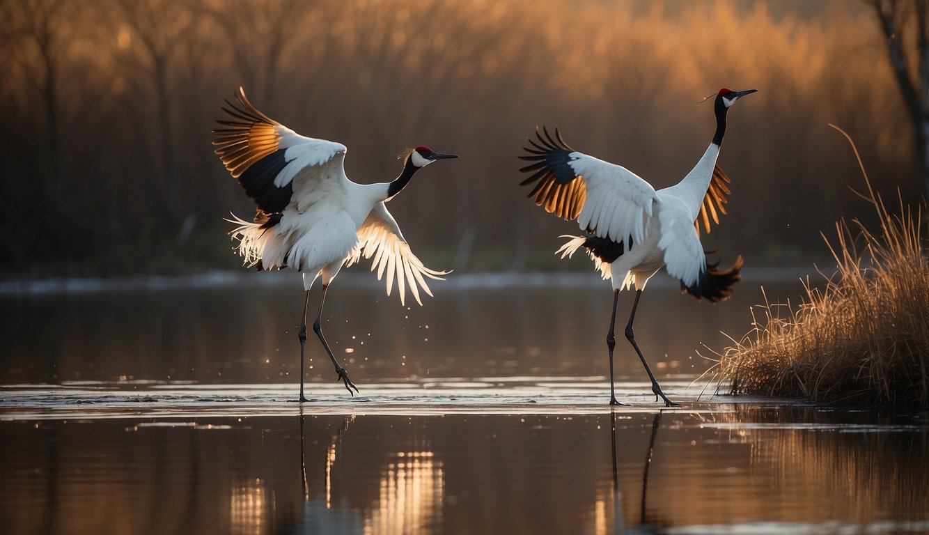 Two red-crowned cranes gracefully perform their elegant courtship dance in a serene wetland setting