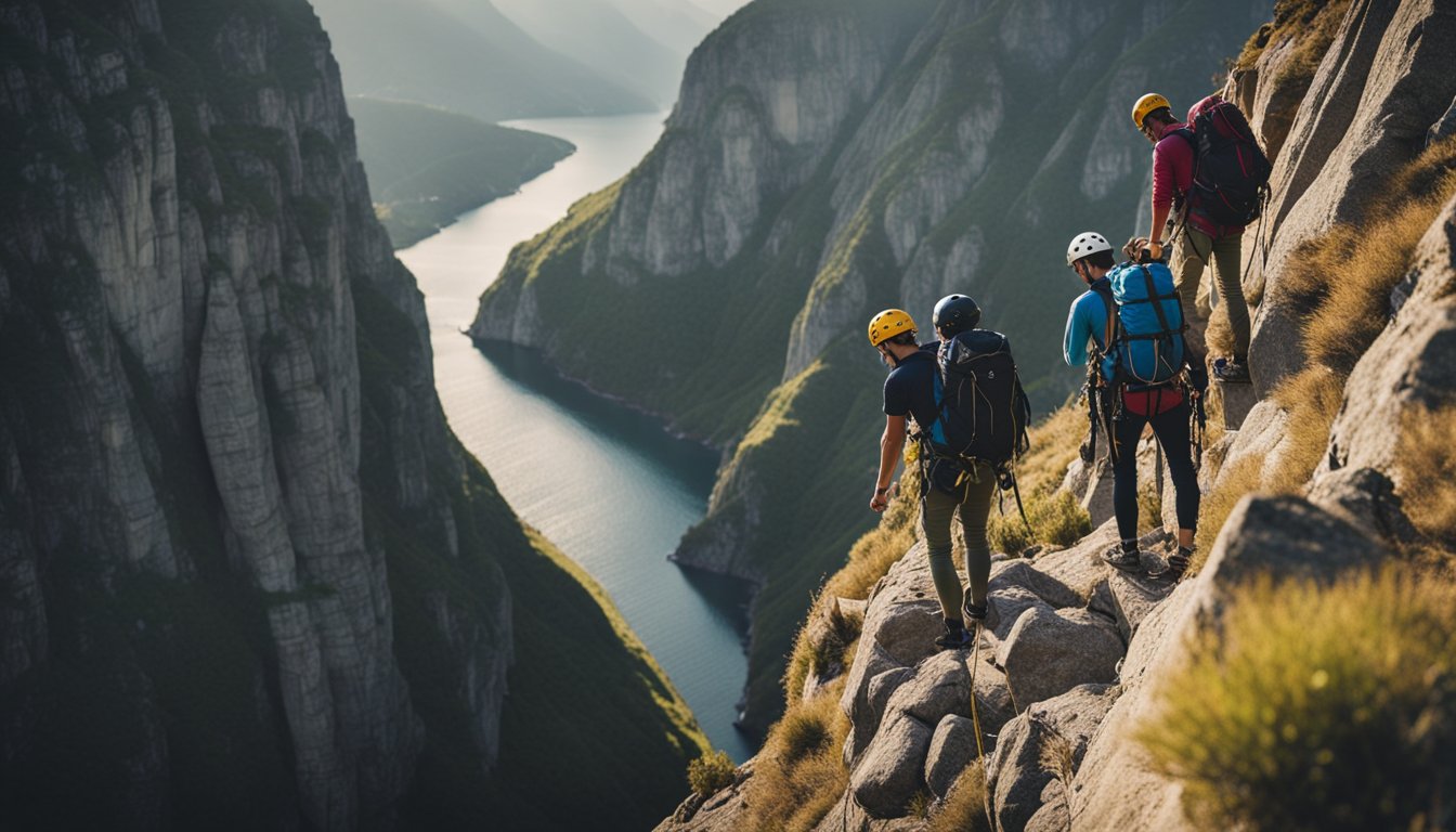 A group of climbers tackle various routes on rugged cliffs, while using climbing apps and websites for guidance and tips