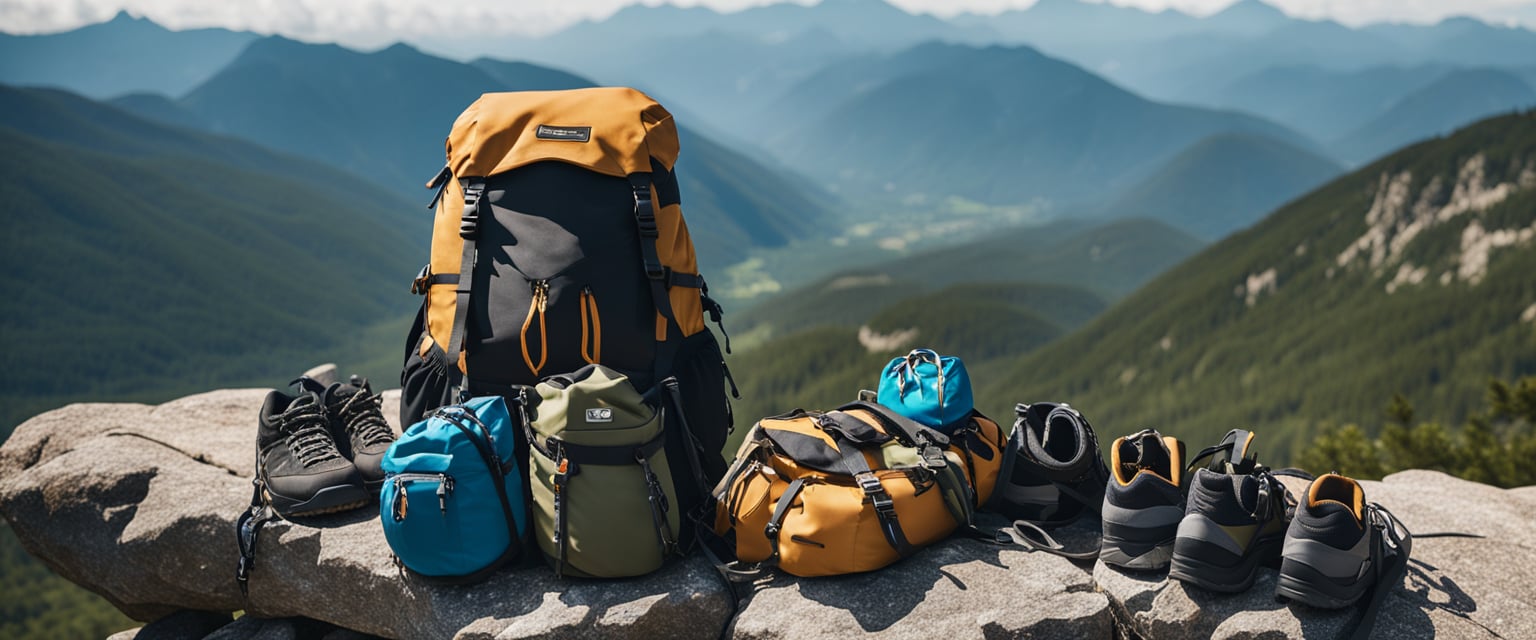 A backpack with ropes, harnesses, carabiners, and climbing shoes laid out on a rocky ledge with mountains in the background