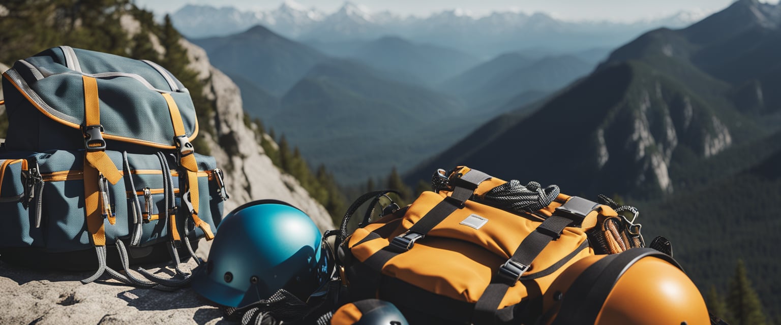 A backpack with climbing ropes, harnesses, carabiners, and helmets laid out on a rocky ledge with a mountain peak in the background