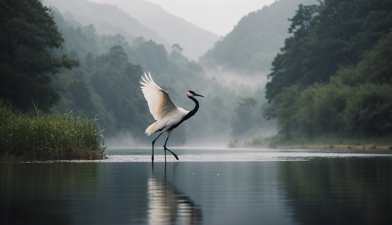 The red-crowned crane gracefully dances, wings outstretched, amidst a serene backdrop of misty mountains and tranquil waters