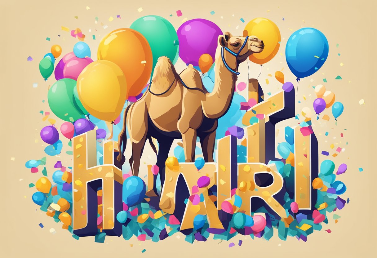 A camel with a smiling face wearing a party hat and surrounded by confetti and balloons, with the words "Hump Day Quotes" written in bold, vibrant letters above its head