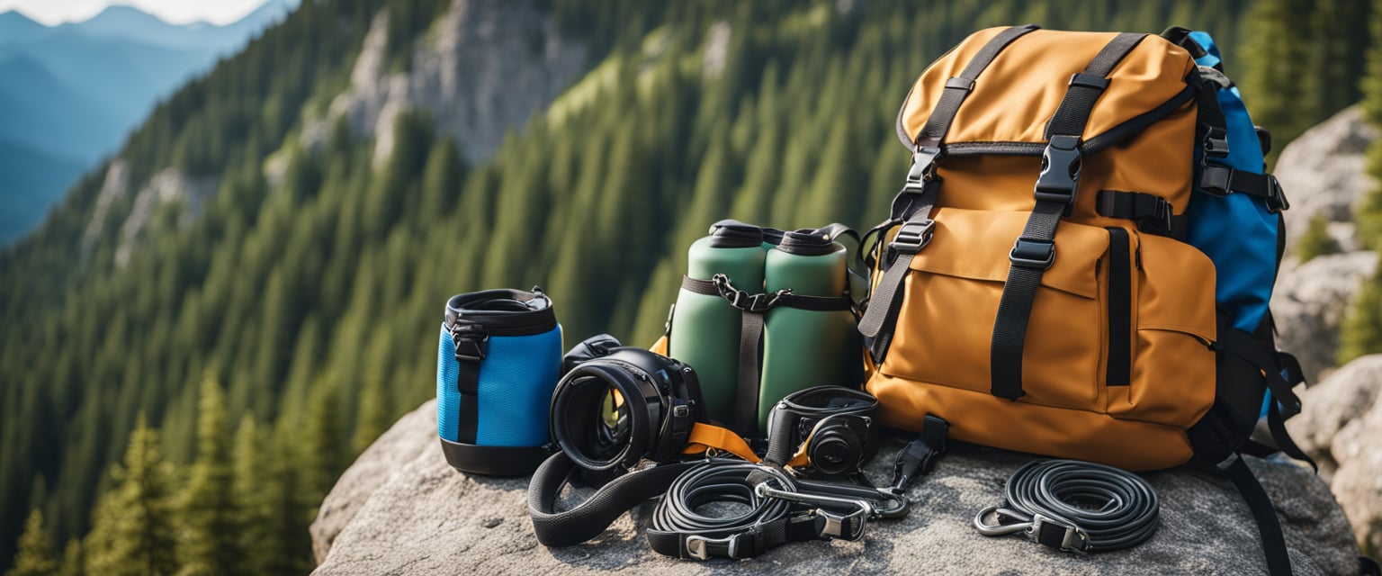 A backpack with ropes, carabiners, harness, and helmet laid out on a rock ledge with a mountain backdrop