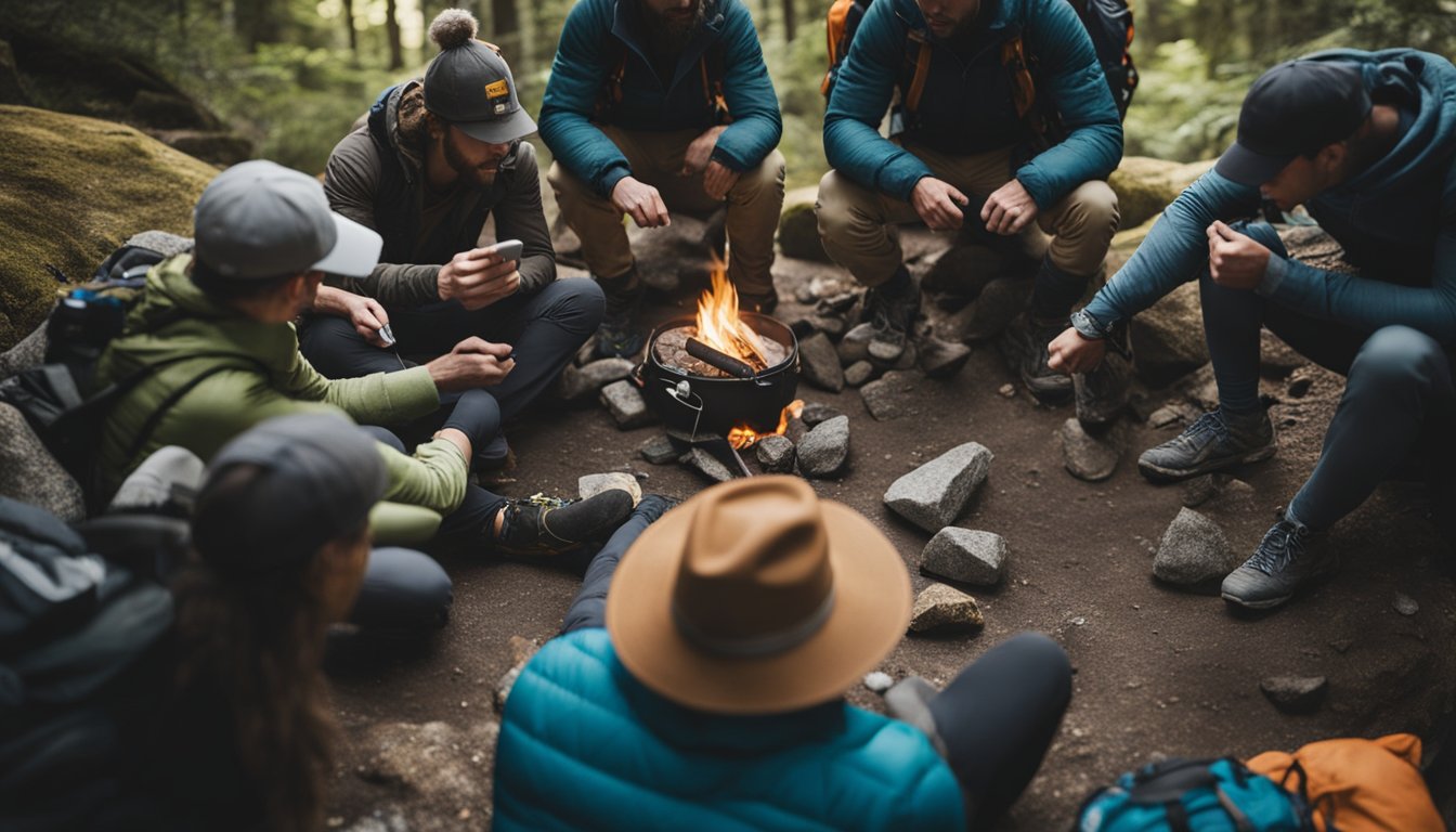 A group of climbers gather around a campfire, exchanging tips and sharing the best climbing apps and websites. Chalk bags and climbing gear are scattered around the scene