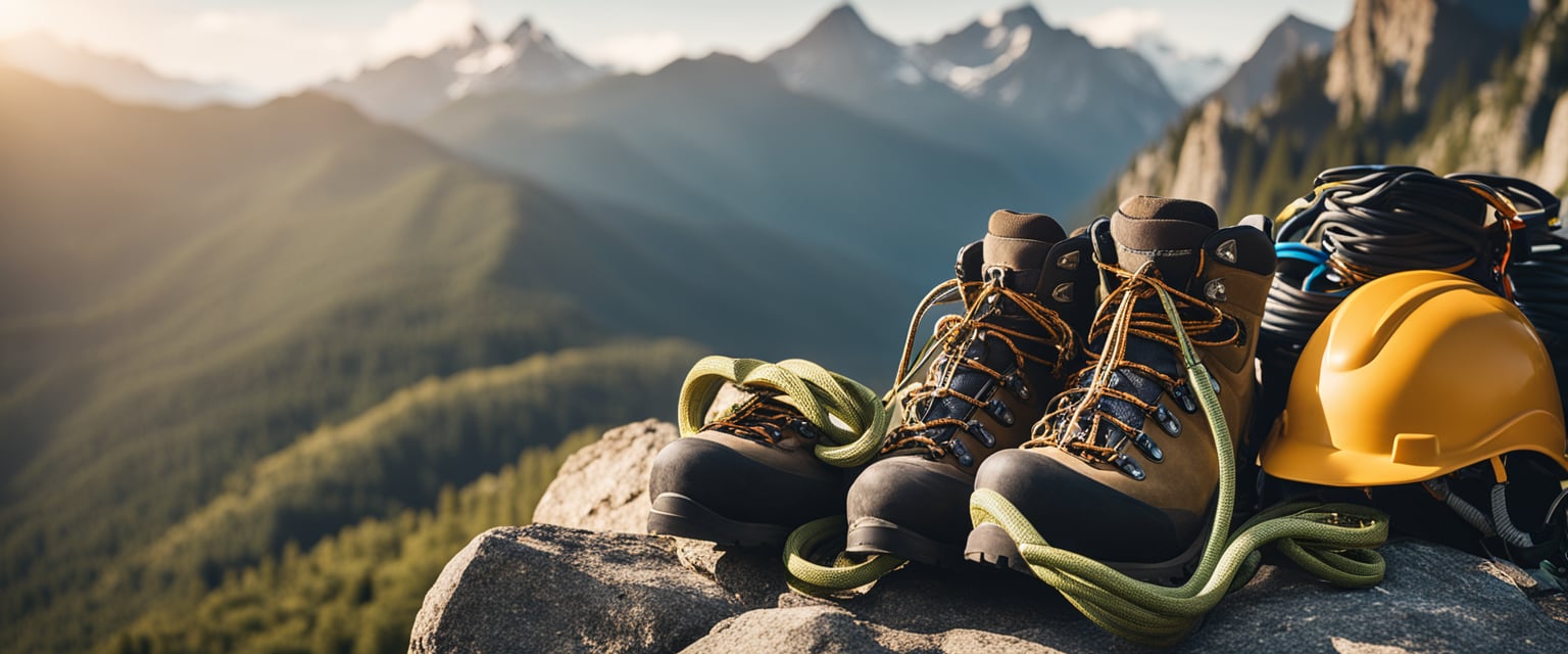 A pile of climbing gear: rope, harness, carabiners, helmet, and sturdy boots, laid out on a rocky ledge with a backdrop of towering mountains