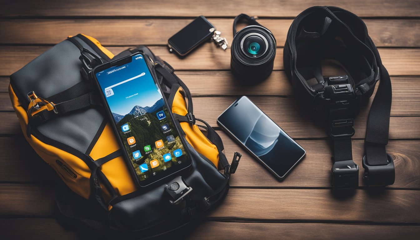 A smartphone displaying climbing apps, a laptop with website logos, and a chalk bag and harness on a table