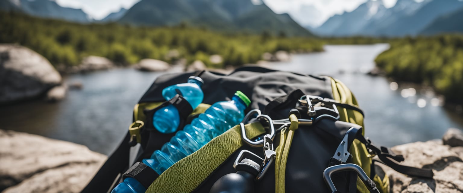 A backpack with water bottles, energy bars, and dehydrated meals. Rope, carabiners, and climbing harness are also visible