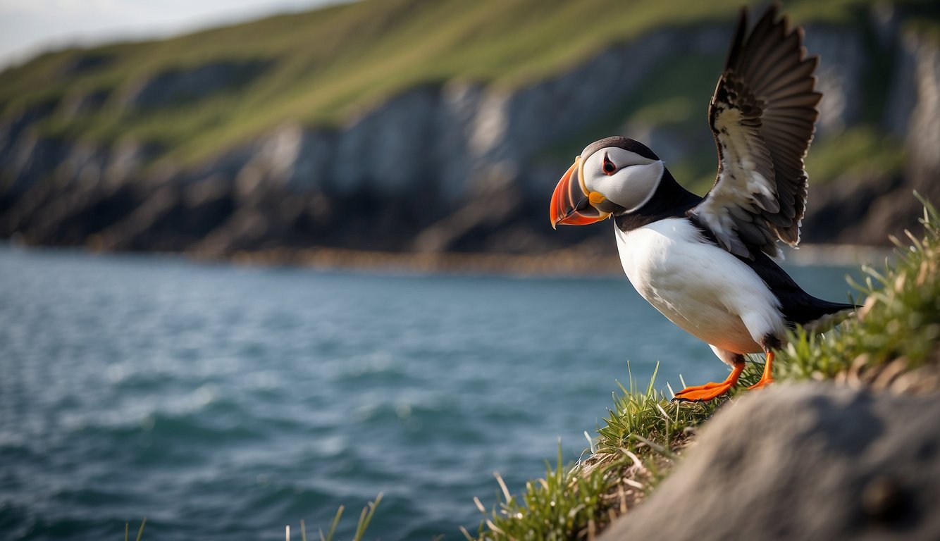 The Atlantic Puffin dives into the ocean, catching fish in its colorful beak, then flies back to its cliffside burrow to feed its chicks