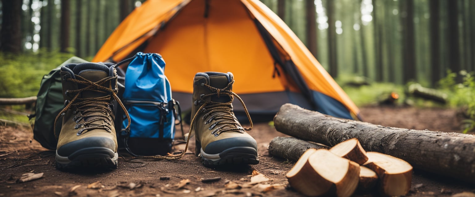 A tent, sleeping bag, backpack, climbing rope, harness, helmet, and sturdy shoes arranged neatly on the ground next to a campfire and a pile of firewood