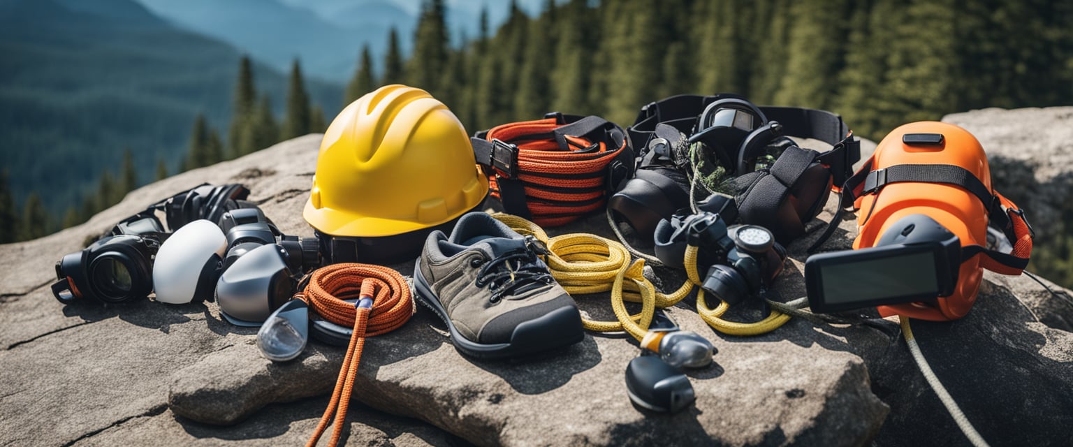 A pile of safety and emergency equipment including ropes, harnesses, helmets, first aid kits, and communication devices laid out on a rocky mountain ledge