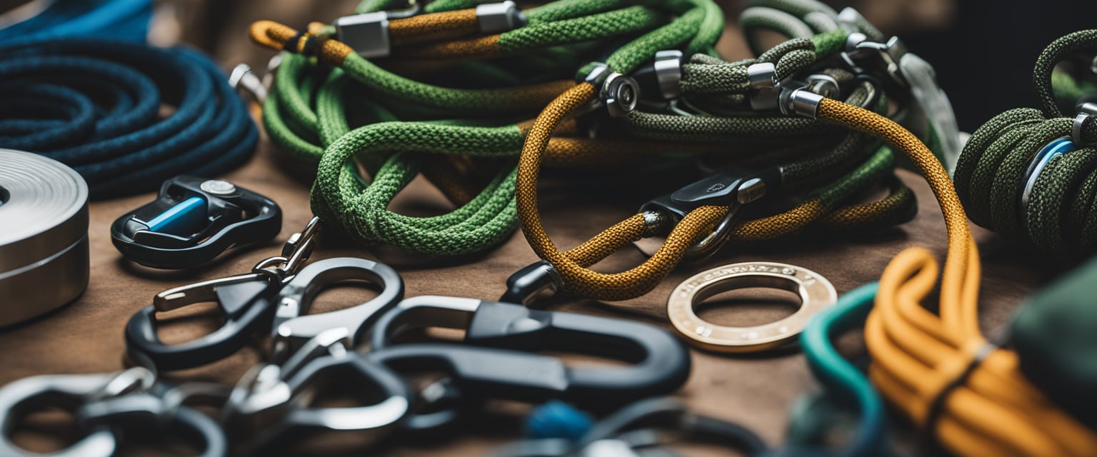 A cluttered table displays climbing ropes, carabiners, harnesses, and other essential gear for multi-day climbing trips