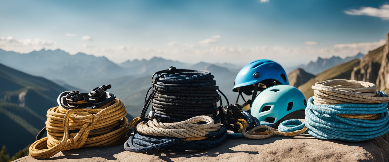 Climbing ropes, harnesses, carabiners, and helmets laid out on a rock ledge with a backdrop of rugged mountains and a clear blue sky