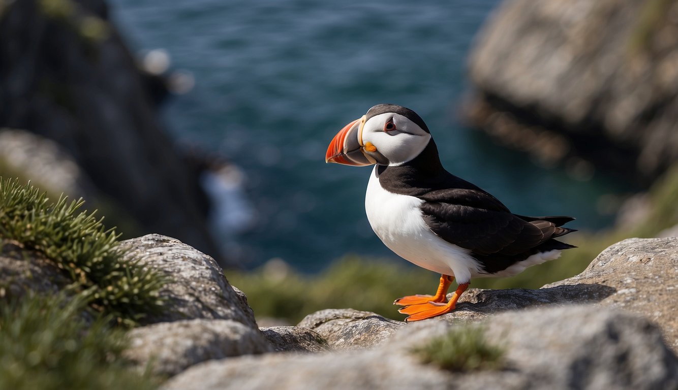 The Atlantic puffin dives from a rocky cliff, catching fish in its colorful beak before returning to its burrow to feed its young