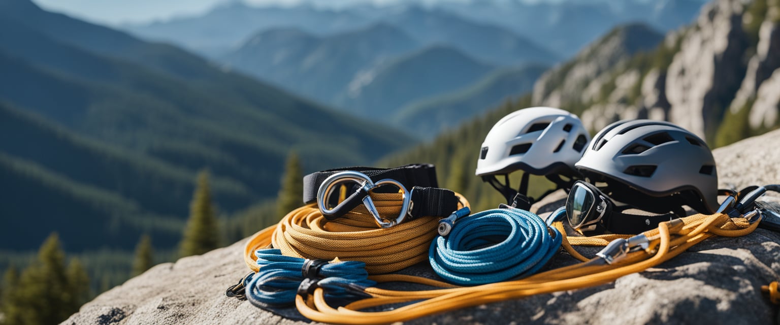 A pile of climbing gear including ropes, carabiners, harnesses, and helmets laid out on a rocky ledge with a stunning mountain backdrop