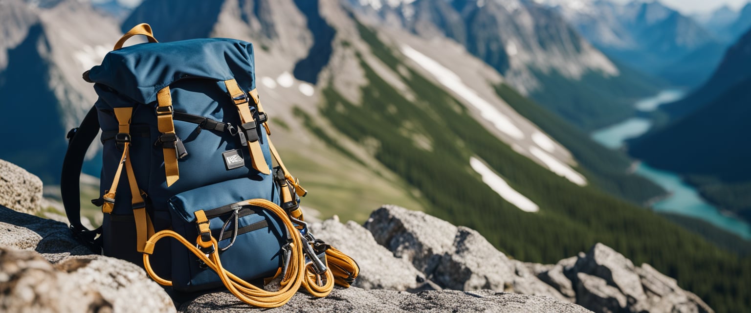 A mountain climber's backpack, rope, harness, and carabiners lay on a rocky ledge, with a distant peak in the background