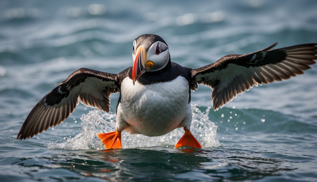 An Atlantic Puffin dives into the ocean, catching fish in its beak.

Nearby, fishing nets pose a threat. Conservationists work to protect the puffin's habitat