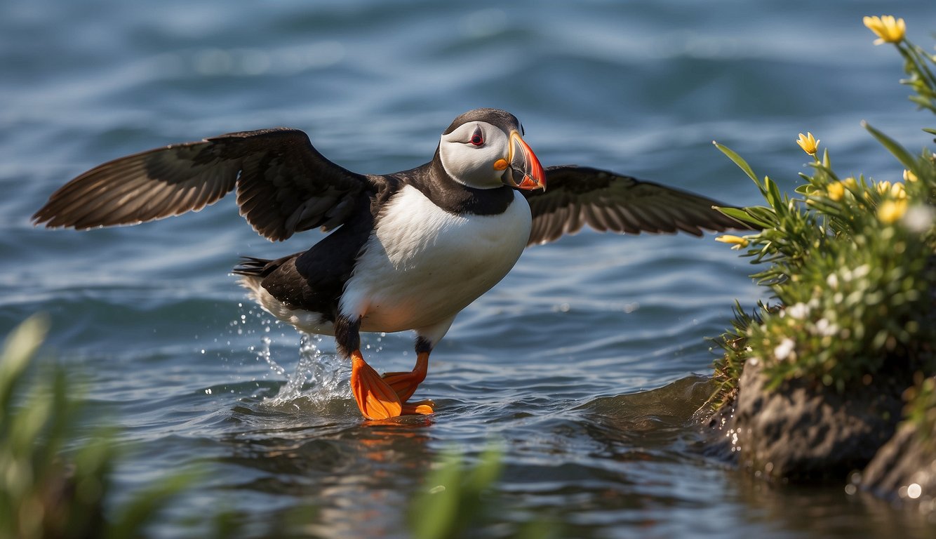 The Atlantic Puffin dives into the ocean, catching fish in its colorful beak.

It returns to its burrow, where it feeds its chicks