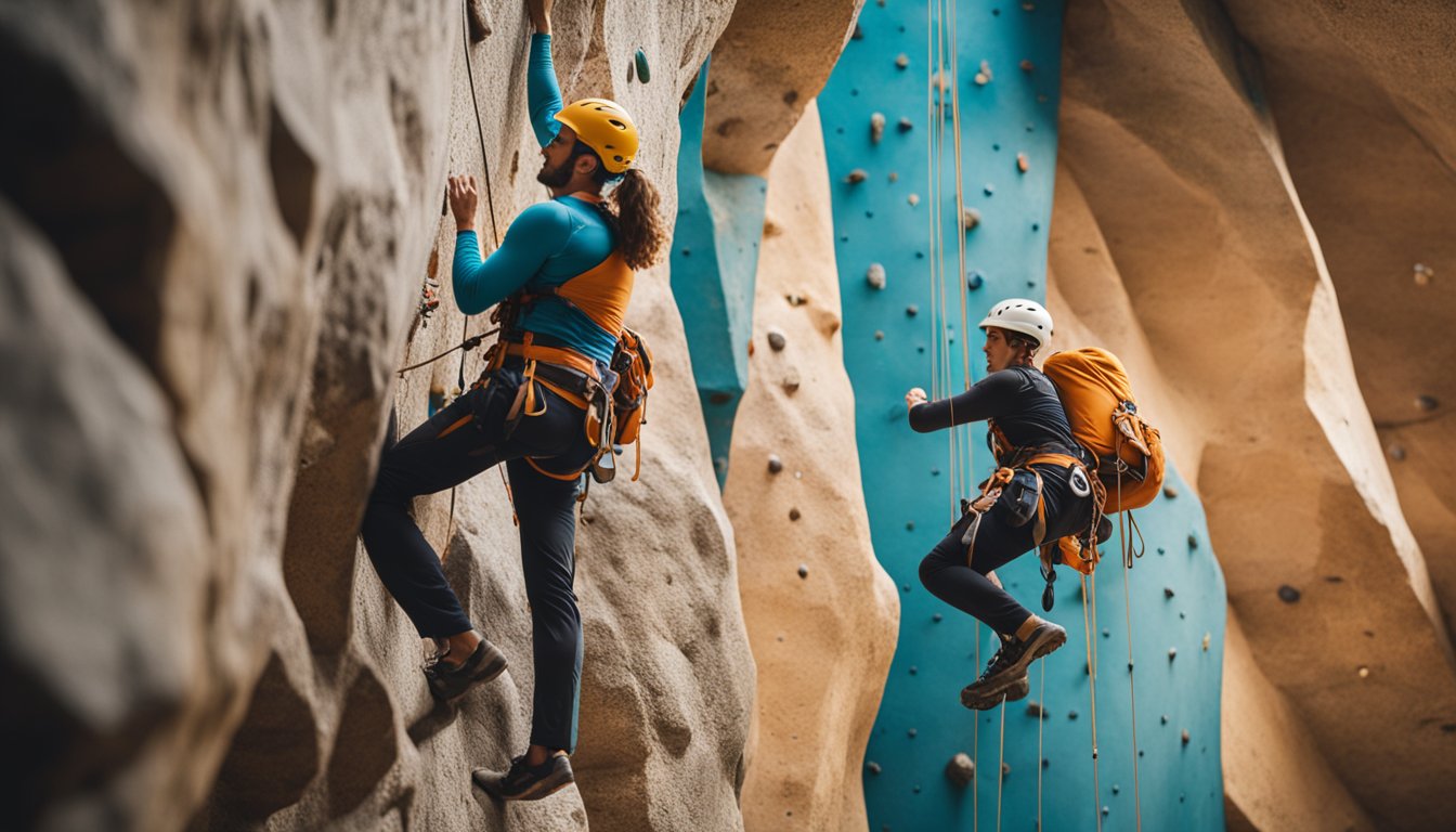 A climber ascends a rock wall indoors, while another climbs a natural rock formation outdoors. The indoor wall is brightly colored and marked with holds, while the outdoor rock features natural cracks and ledges