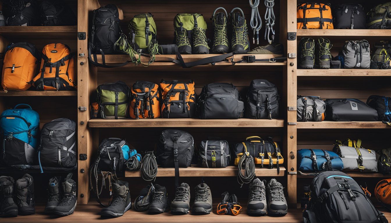 Indoor gear neatly organized on shelves, while outdoor gear hangs off a rugged rock face, with carabiners, ropes, and harnesses in the foreground