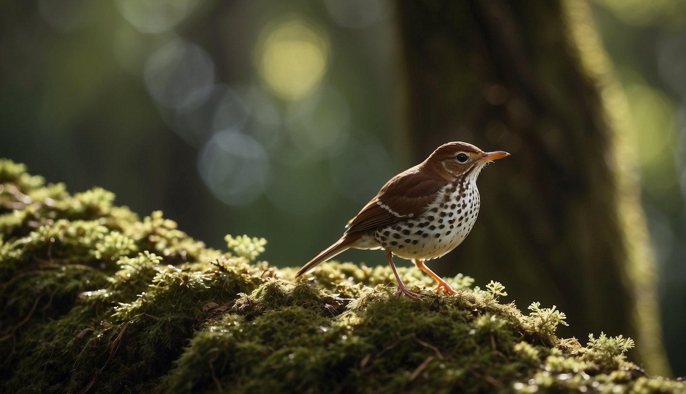 The wood thrush perches on a moss-covered branch, its beak open in song.

Sunlight filters through the dense forest, casting dappled shadows on the forest floor. The air is filled with the melodious trill of the bird