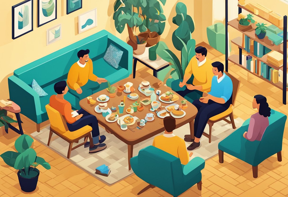 A group of old friends gathered around a table, sharing laughter and memories. The room is filled with warmth and nostalgia as they reminisce about the good old days