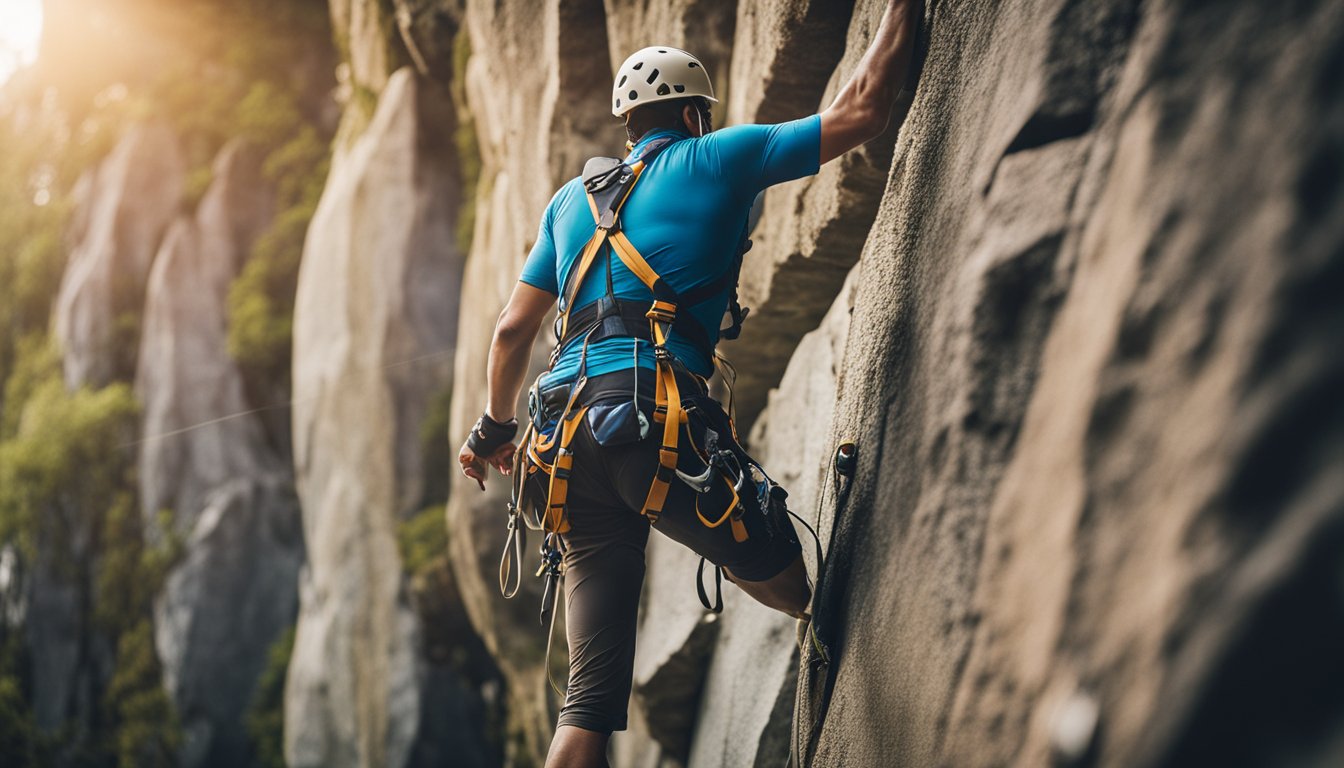 A climber scales a towering indoor wall, while another tackles a rugged outdoor rock face. Safety gear contrasts with natural elements