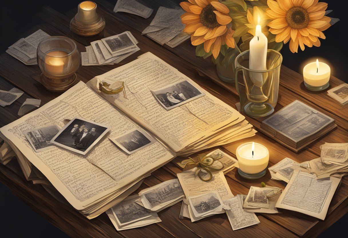 A group of old letters and photographs scattered on a weathered wooden table, surrounded by flickering candlelight and a vase of fading flowers