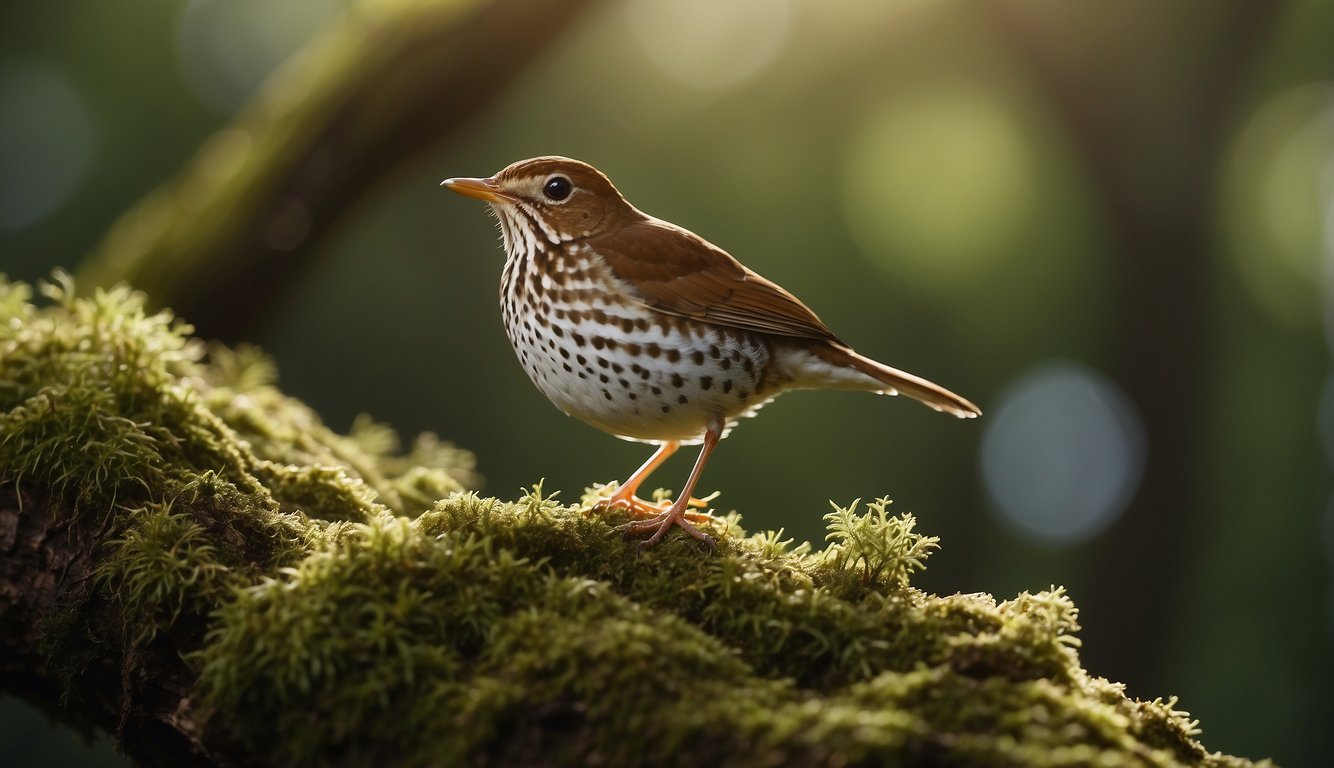 The wood thrush perches on a moss-covered branch, its beak open in song.

Sunlight filters through the trees, casting a warm glow on the bird's feathers. Surrounding flora and fauna seem to sway to the music of the thr