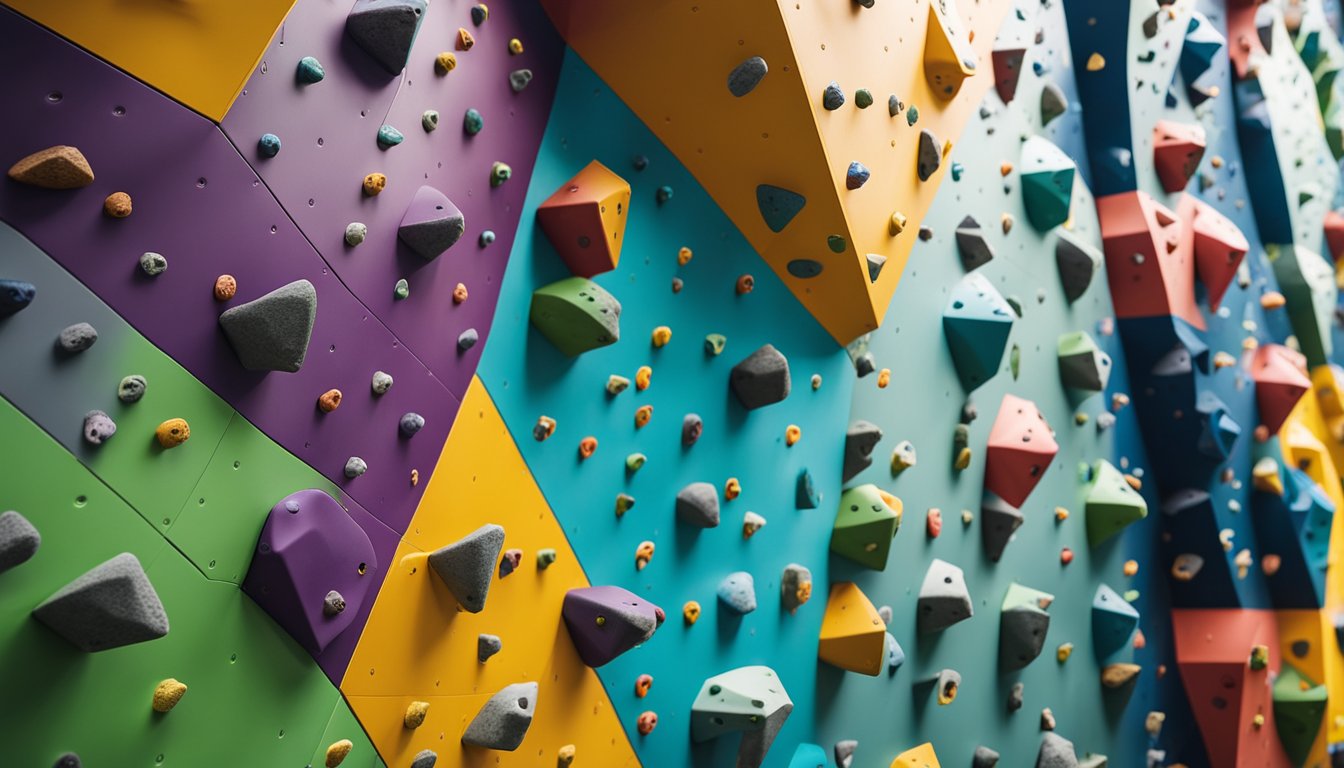 Colorful climbing walls showcase different grading systems and route difficulty, comparing indoor and outdoor climbing