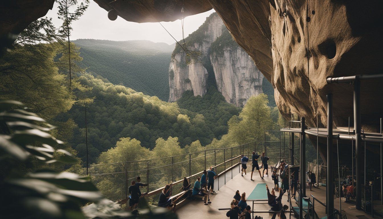 A bustling indoor climbing gym contrasts with serene outdoor cliffs, showcasing the diverse climbing culture and community