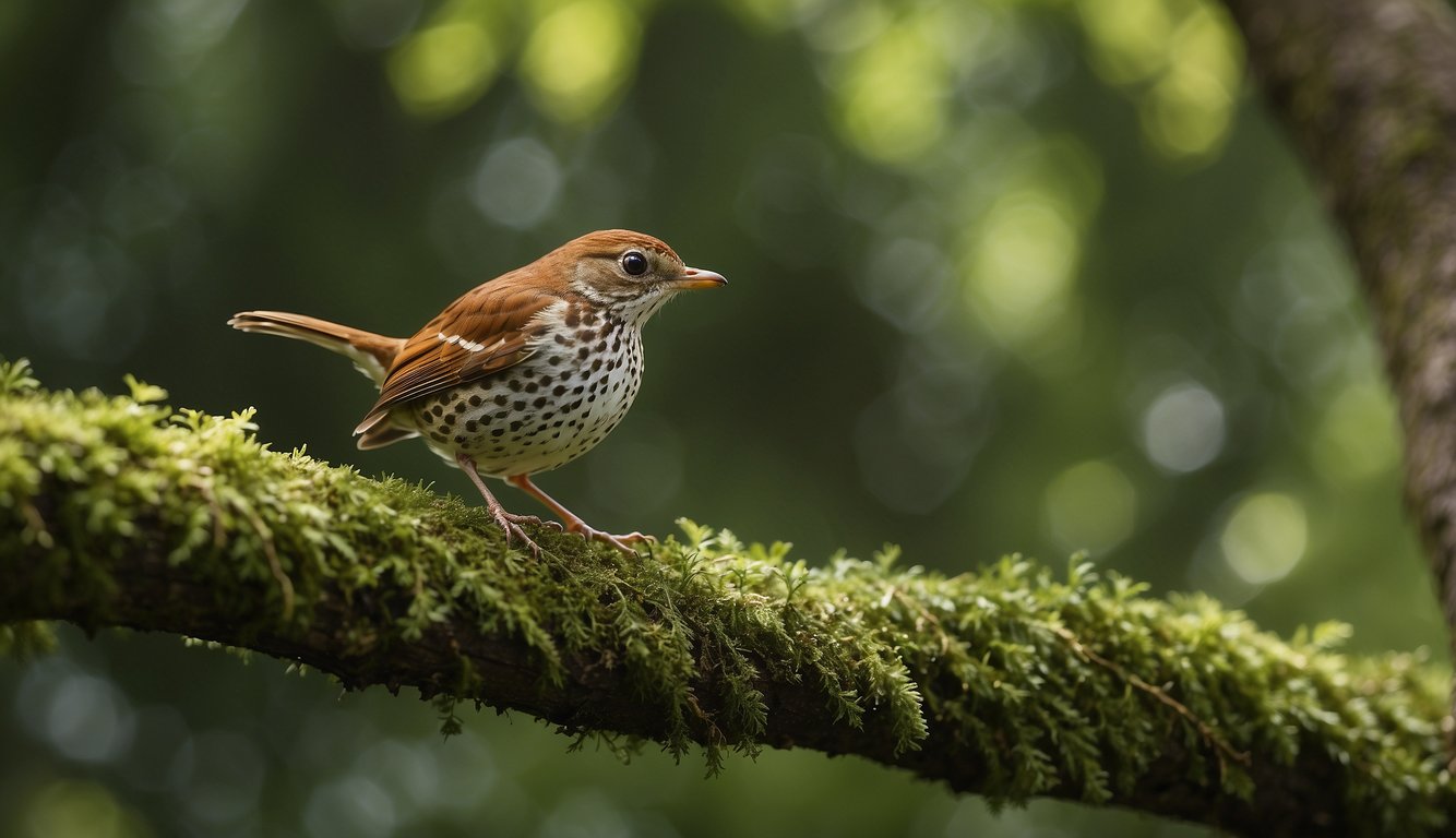 The Wood Thrush sings from a moss-covered branch, surrounded by lush green foliage and dappled sunlight filtering through the trees