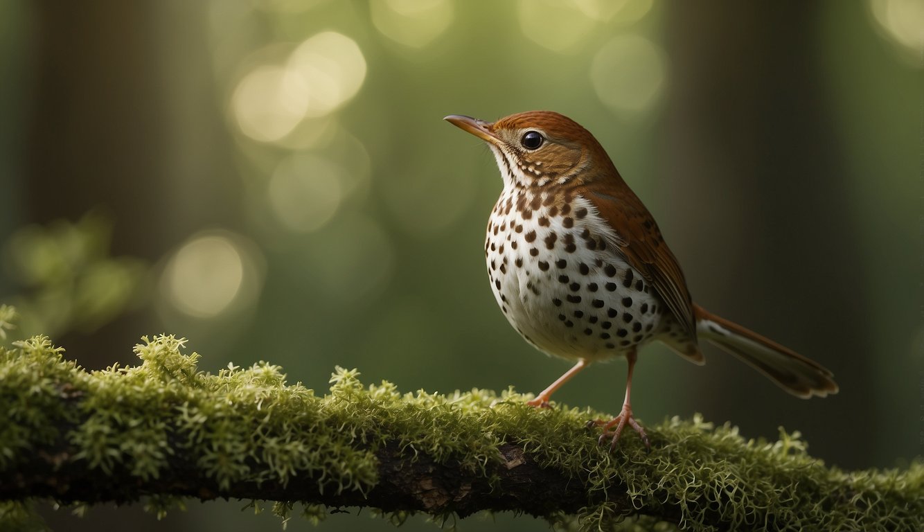 The wood thrush perches on a moss-covered branch, singing its melodic tune amidst a lush forest with dappled sunlight filtering through the canopy