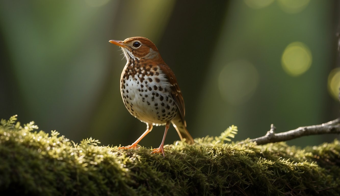 The wood thrush perches on a moss-covered branch, its beak open in song.

Sunlight filters through the dense forest, casting dappled shadows on the ground. The air is filled with the melodious trill of the bird's