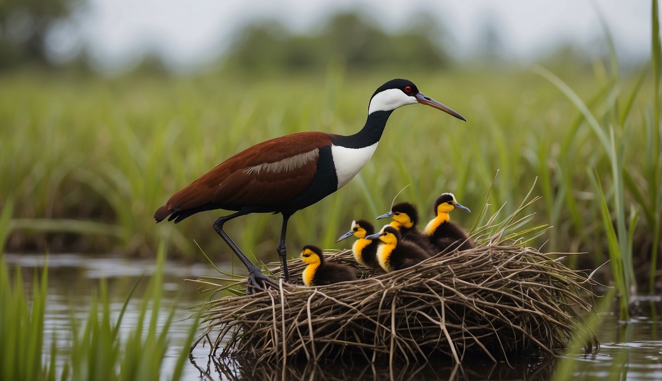 A polyandrous jacana stands proudly surrounded by her multiple male mates, tending to their shared nest and chicks in the lush wetland habitat