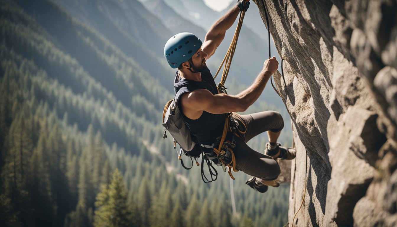 A climber ascends a rocky wall, securing ropes and harness. Chalk dust fills the air as they grasp for handholds